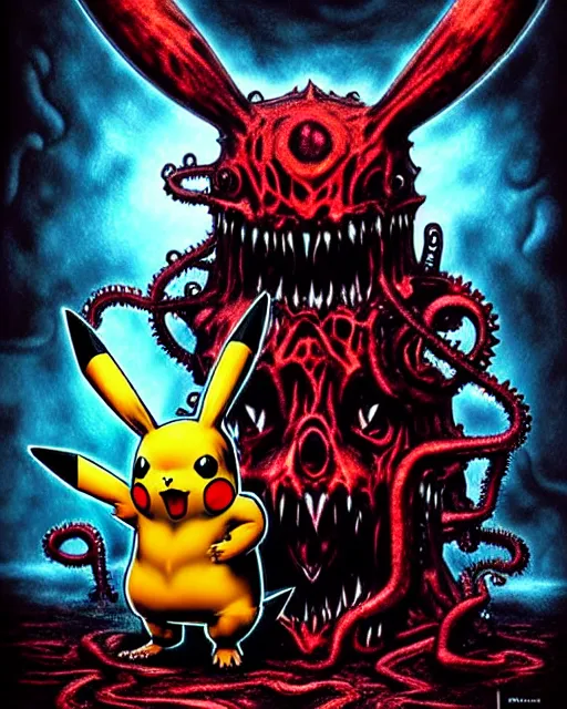 Image similar to disturbing grunge still of a lovecraftian demon infested pikachu in pokemon. horror colored ink art, by arthur adams, by tom bagshaw, by henry asencio, by kikuchi hideyuki