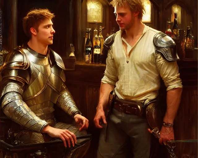 Image similar to attractive arthur pendragon and attractive lancelot go to a pub together to have some drinks. highly detailed painting by gaston bussiere, craig mullins, j. c. leyendecker 8 k