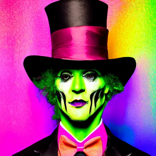 Prompt: grim-hatter, professional photoshoot, neochrome acid colors