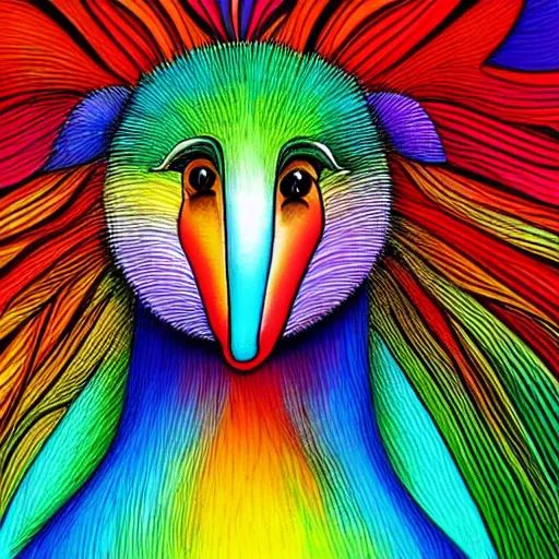 Image similar to portrait friendly cute happy stylish realistic rainbow animal from africa. background in the style of art nouveau. lively. colorful. hd.