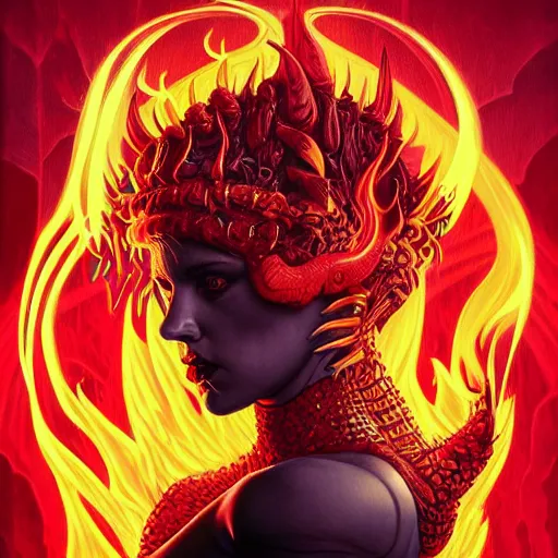 Prompt: demonic lofi queen of hell portrait of scarlett johansson, fire and flame of hell serpent, Pixar style, by Tristan Eaton Stanley Artgerm and Tom Bagshaw.