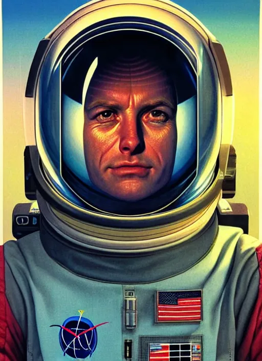 Prompt: symmetrical!! portrait of an astronaut. close up. soft lighting, retro 8 0 s, realistic illustration, art by peter elson