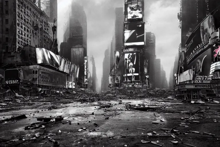 Image similar to photo of an destroyed times square after a nuclear attack, thunderstorm, desolate, 8 k, uhd, artstation, award winning