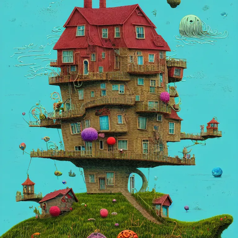 Image similar to house on island, sea cloud, surreal art by gediminas pranckevicius, geof darrow, keith harring, dark shadows, hard lighting, floralpunk, inking, etching, screen print, masterpiece, trending on artstation, sharp, colorful high contrast hd, 8 k hyper detailed