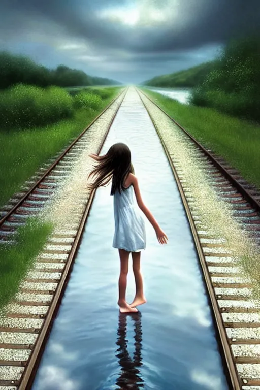 Image similar to a barefoot girl carries her shoes on reflective water and faintly visible submerged train tracks, water covers all the ground, large white clouds on a wide horizon, intricate, elegant, highly detailed, digital photo, artstation, concept art, smooth, sharp focus, low angle photo, art by artgerm and greg rutkowski and fra angelico