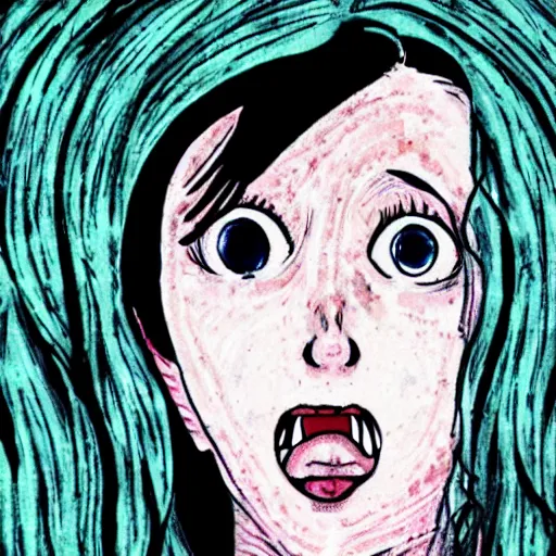 Image similar to a depressed 1 7 years old girl, coming out of the vent, in the style of junji ito