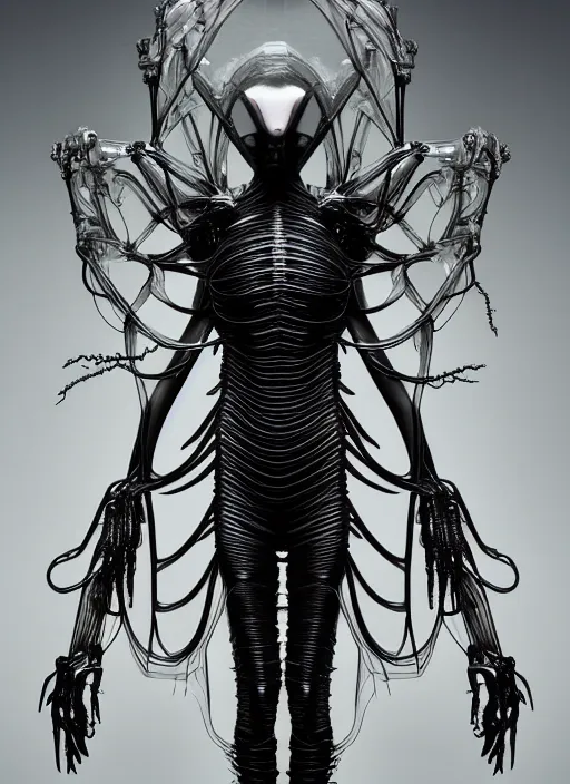 Image similar to iris van herpen gothic inflateble dark dress, perfect symmetrical body, helmet on face, full body shot, alien, plant predator, guyver, giger, wires, tubes, veins, jellyfish, white biomechanical details, wearing epic bionic cyborg implants, masterpiece, intricate, biopunk, vogue, highly detailed, artstation, concept art