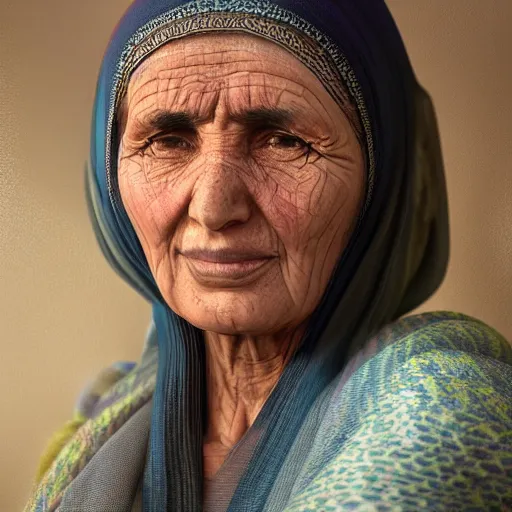 Image similar to hyperrealistic mixed media high resolution image of a beautiful Kurdish grandmother, stunning 3d render inspired art by István Sándorfi and Greg Rutkowski and Unreal Engine, perfect symmetry, dim volumetric lighting, 8k octane beautifully detailed render, post-processing, extremely hyper-detailed, intricate, epic composition, highly detailed attributes, highly detailed atmosphere, full body shot, cinematic lighting, masterpiece, trending on artstation, very very detailed, masterpiece, stunning, flawless structure, lifelike texture, perfection,