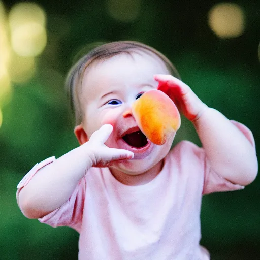 Image similar to photo of an insane baby laughing and eating a peach, bokeh focus