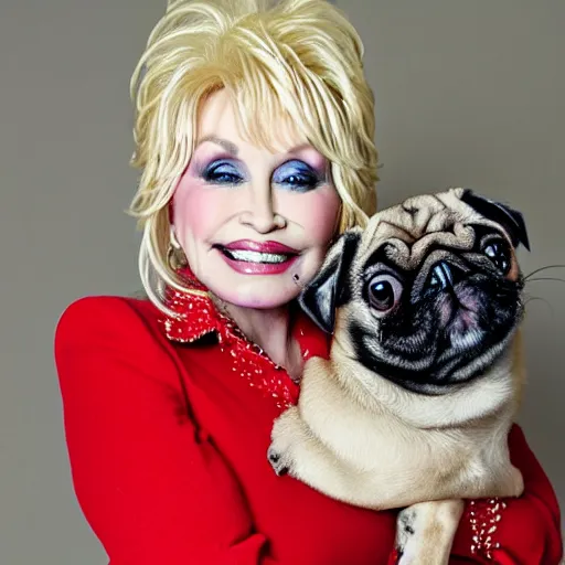 Image similar to dolly parton holding a cute pug way over her head, smile on her face