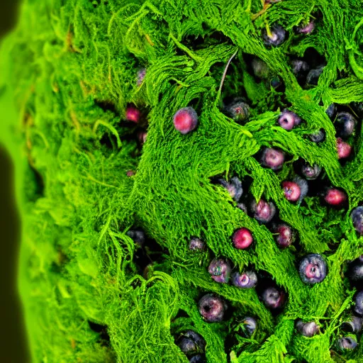 Image similar to closeup of a leafy blueberry bush in nordic forest with moss and twigs. Digital art. 4K. Artistic. Detailed drawing. Trending on artstation.