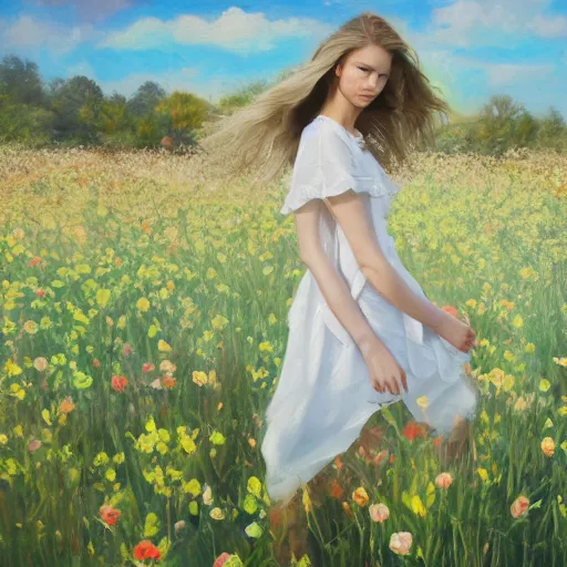 Prompt: a vogue model in a flower field, oil painting, pale colors, high detail, 8 k, wide angle, trending on artstation,