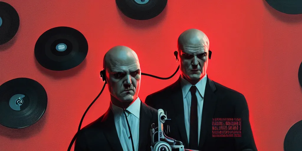 Image similar to an expressive portrait of agent 4 7 from hitman wearing headphones and holding a handgun in front of a wall of vinyl records, head being lit by red rim light, digital art, artstation, art by giger stalenhag