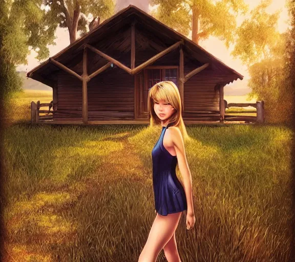 Image similar to a beautiful girl In front of the cabin, the country, by Artgerm Lau，hyperdetailed, trending on artstation, trending on deviantart