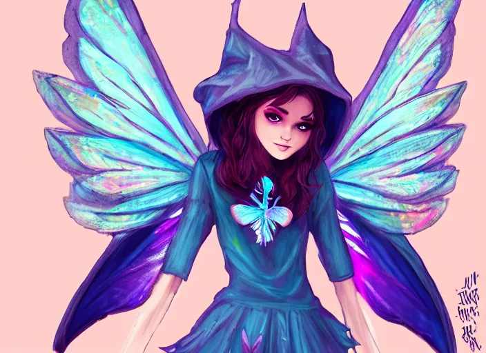 Image similar to a fairy with big wings wearing a hoodie, street fashion outfit, haute couture fashion shoot, fairy, d & d, fantasy sticker illustration, artstation