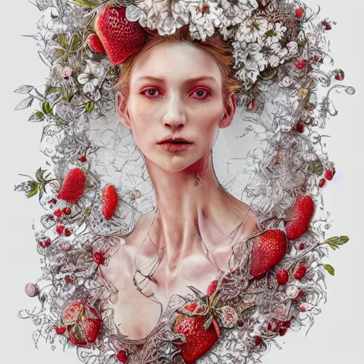 Prompt: the portrait of an absurdly beautiful, graceful, elegant, sophisticated, fashionable woman made of strawberries and white petals looking down, an ultrafine hyperdetailed illustration by kim jung gi, irakli nadar, intricate linework, bright colors, octopath traveler, final fantasy, unreal engine 5 highly rendered, global illumination, radiant light, detailed and intricate environment