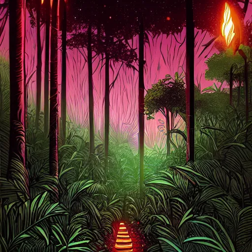 Prompt: a path through the jungle illuminated with torches, by dan mumford, artstation