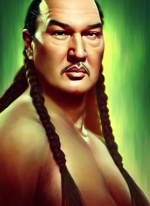 Prompt: steven seagal with green eyes and long pink hair in braids, intricate, cinematic lighting, highly detailed, digital painting, pixiv, concept art, smooth, sharp focus, illustration, by alphonse mucha