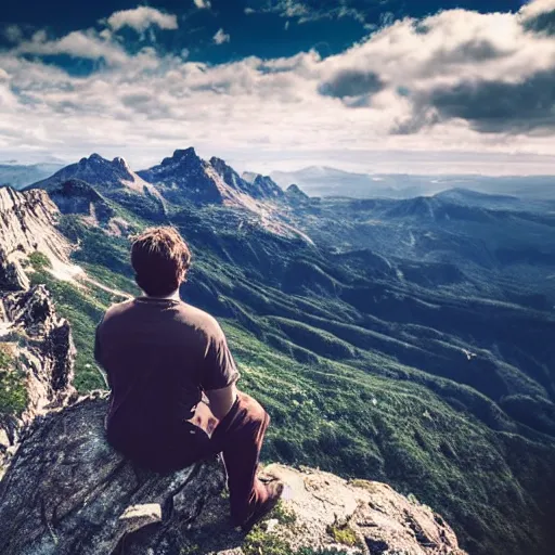 Image similar to a man sitting on top of a beautiful mountain, fantasy landscape, stunning detail, ominous energy in front of him, back shot angle