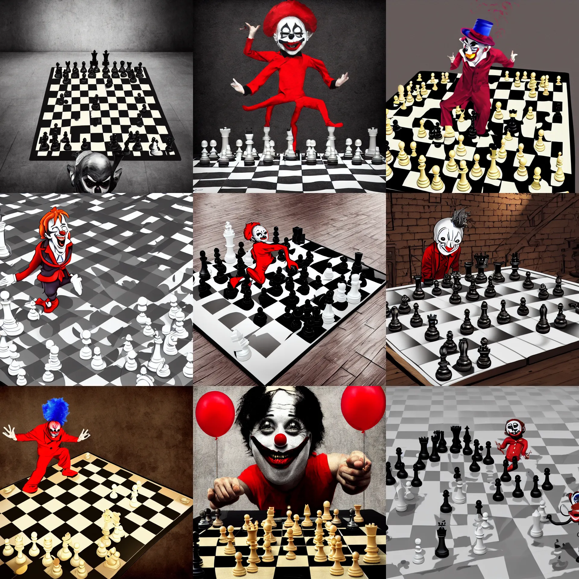 Prompt: a creepy looking clown dancing on a chess table like floor, digital art