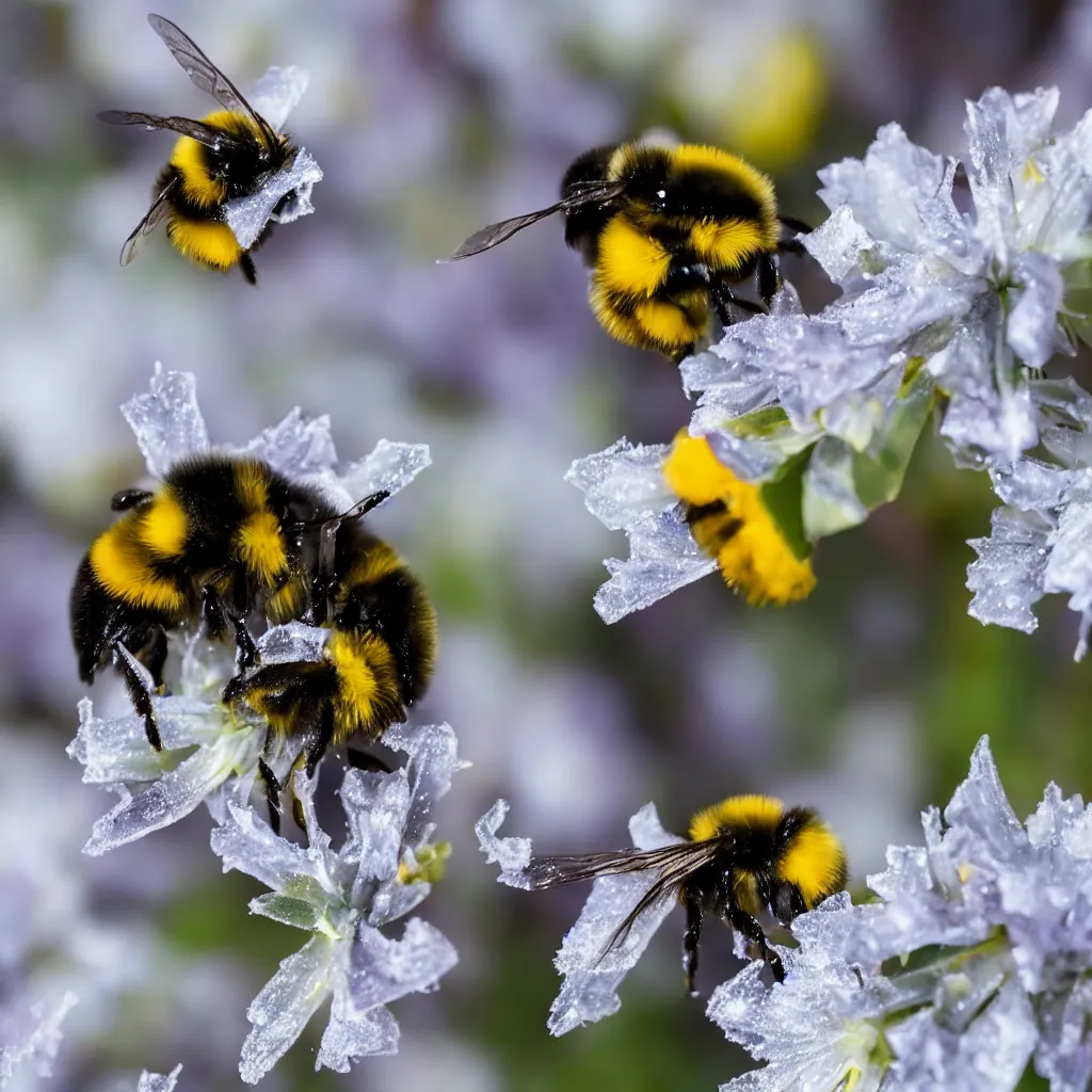 Image similar to a nature photograph macro shot of a bumblebee pollinating a partly frozen flower. snow and ice in the background