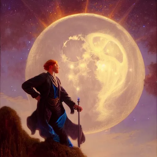 Image similar to attractive male wizard magically floating in the night, fantasy, full moon in background. highly detailed painting by gaston bussiere, craig mullins, j. c. leyendecker, mid shot, 8 k