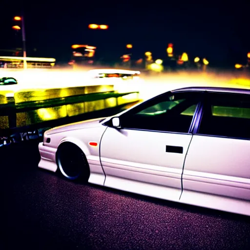 Image similar to a car JZX90 at illegal car meet, Chiba prefecture, city midnight mist lights, cinematic color, photorealistic, highly detailed, 50MM