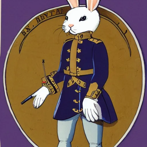 Image similar to a book illustration of a rabbit wearing a british navy 1700s uniform