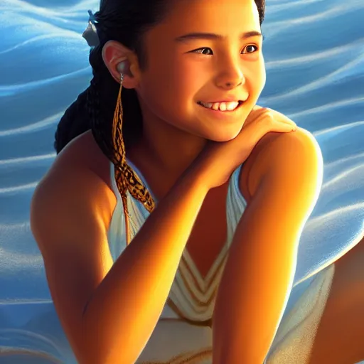 Image similar to beautiful serene intricate portrait of katara from the water tribe as a young woman, smiling softly, relaxing on the beach, golden hour, soft focus, 8 k, art by irakli nadar, hyperrealism, hyperdetailed, ultra realistic