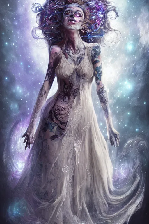 Image similar to a wlop 3 d render of very very very very highly detailed beautiful mystic portrait of a phantom undead ballerina with whirling galaxy around, tattoos by anton pieck, intricate, extremely detailed, flowing dress, digital painting, artstation, concept art, smooth, sharp focus, illustration, intimidating lighting, incredible art,