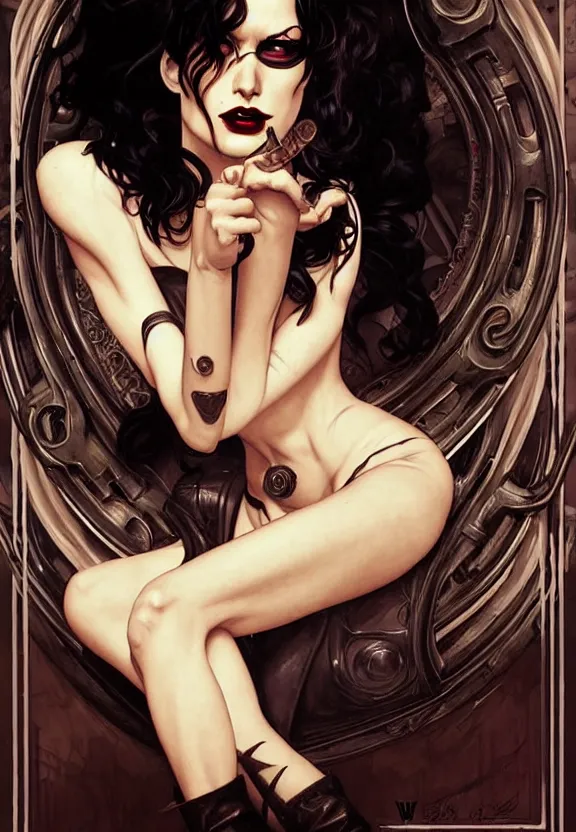 Image similar to character death from comic book the sandman in a small 5 0 ’ s style diner, fantasy magic, dark pin - up style hair, dark light night, intricate, elegant, sharp focus, illustration, highly detailed, digital painting, concept art, matte, art by wlop and artgerm and greg rutkowski and alphonse mucha, masterpiece