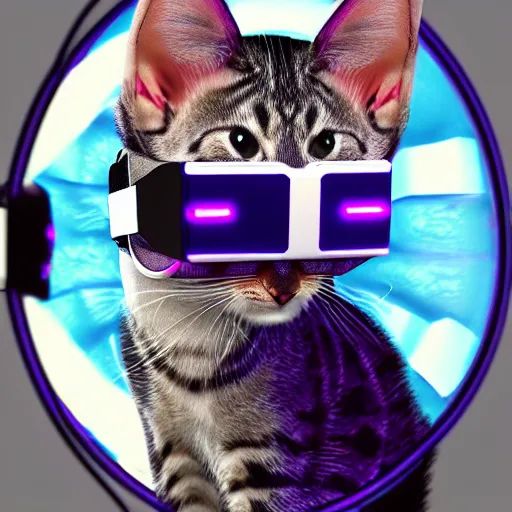 Image similar to crypto trading lyoki kitten from the future, wearing a cool vr headset 8 k hyperrealistic, trending on artstation