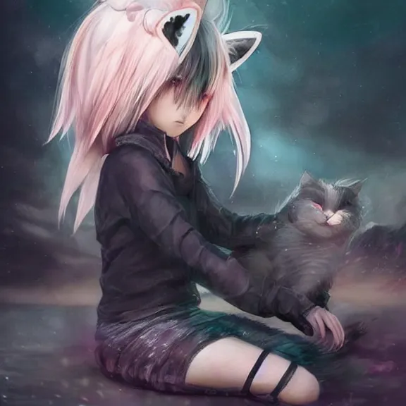 Image similar to emo boy with cat ears and tail sitting, full body, blushing, short smile, fluffy hair covering, fantasy painting, cinematic lightning, highly detailed, trending on Artstation, Unreal Engine 4k, watercolour, pastel!!!!!!!!!!!!!!!, very very very very very very very very beautiful.
