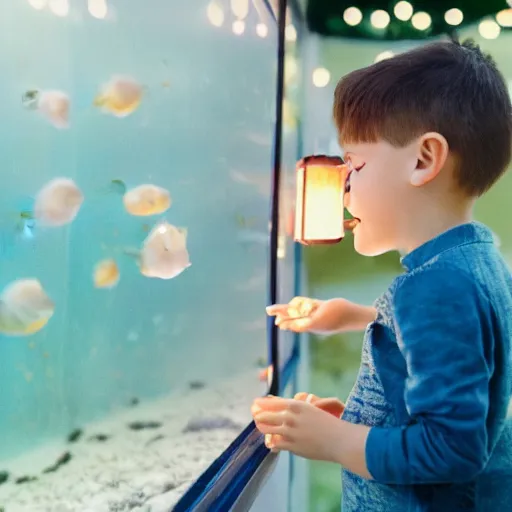 Prompt: closeup portrait of beautiful kid with perfect face kissing the glass of a beautiful aquarium, the kid is in a tent with a lantern, excitement, surprise, happiness, professional photoshoot, kodak portra, photographed in film, soft and detailed, realistic, bokeh