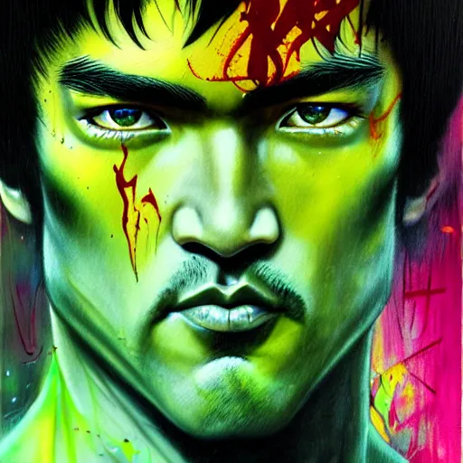 Image similar to a demon slayer portrait of bruce lee, tall, pale - skinned, and slender with lime green eyes and long eyelashes by stanley artgerm, tom bagshaw, arthur adams, carne griffiths, trending on deviant art, street art, face enhance, chillwave, maximalist, full of color, glittering