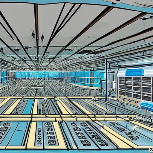 Image similar to Interior of a retrofuturistic data center, very detailed, cartoon style