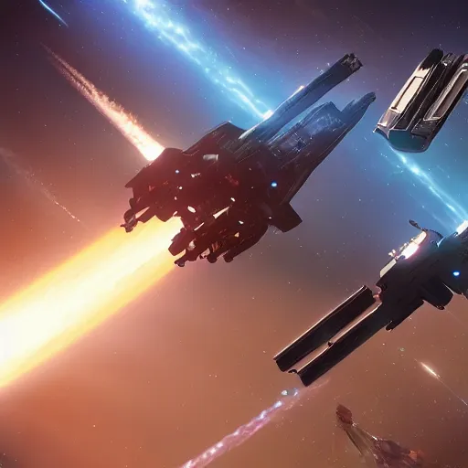 Image similar to epic space battle, star citizen render, nebula, laser beams, incredible detail