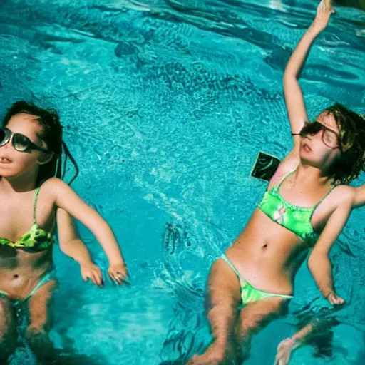 Image similar to two girls in the pool, film camera style, la piscine film aesthetics