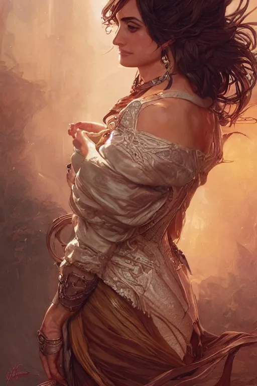 Image similar to penelope cruz , D&D, fantasy, intricate, cinematic lighting, highly detailed, digital painting, artstation, concept art, smooth, sharp focus, illustration, art by Artgerm and Greg Rutkowski and Alphonse Mucha