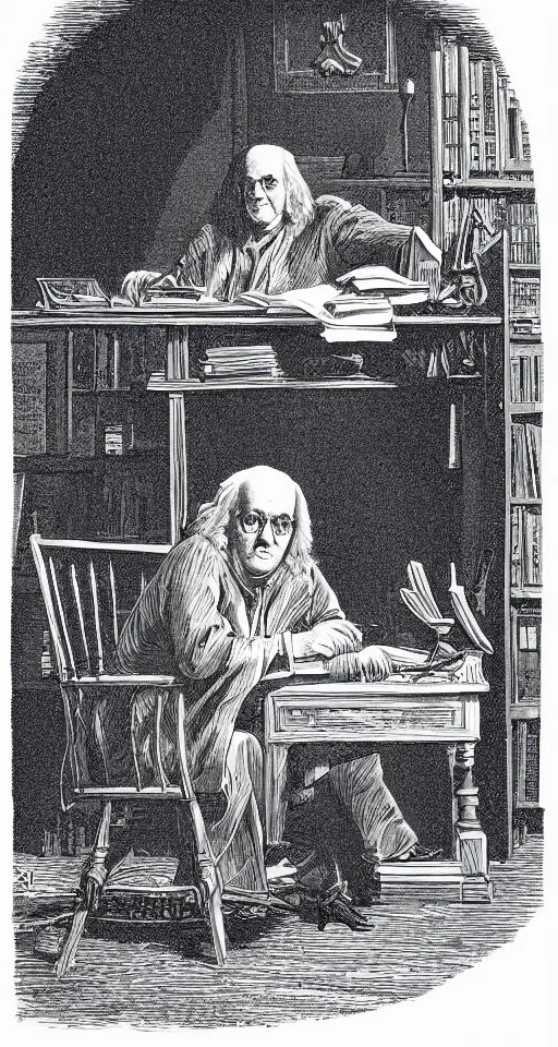 Prompt: illustrated by greg rutowski, a series of illustrated panels, ben franklin sitting at his desk with a magic electricity portal archway in front of him, ben franklin is in his library, cinematic, rich colors, detailed, no words