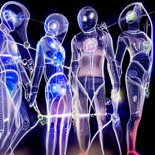 Prompt: love, diverse translucent cybersuits, from behind, connection rituals, wide wide angle, vivid, elaborate, highly detailed, beautiful lighting