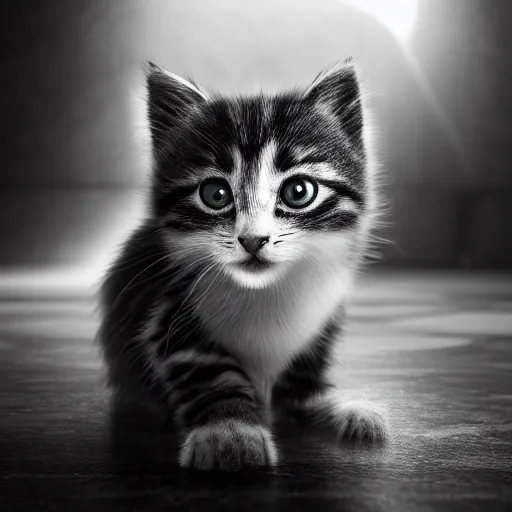 Prompt: full body pose, hyperrealistic photograph of a depressed kitten, dim volumetric lighting, 8 k, octane beautifully detailed render, extremely hyper detailed, intricate, epic composition, cinematic lighting, masterpiece, trending on artstation, very very detailed, stunning, hdr, smooth, sharp focus, high resolution, award, winning photo, dslr, 5 0 mm