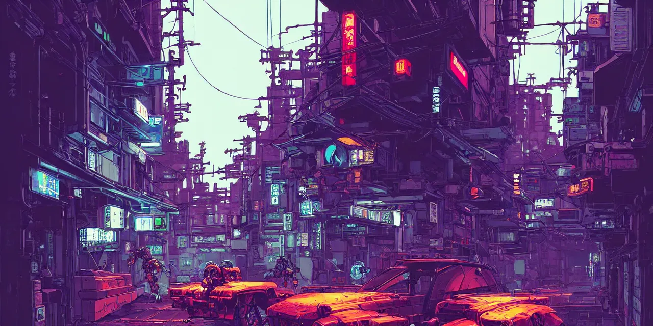 Image similar to Masamune Shirow simon stalenhag exterior Robot Knight Myrmidon street neo tokyo cyberpunk. ian mcque ink calligraphy art James Gilleard.