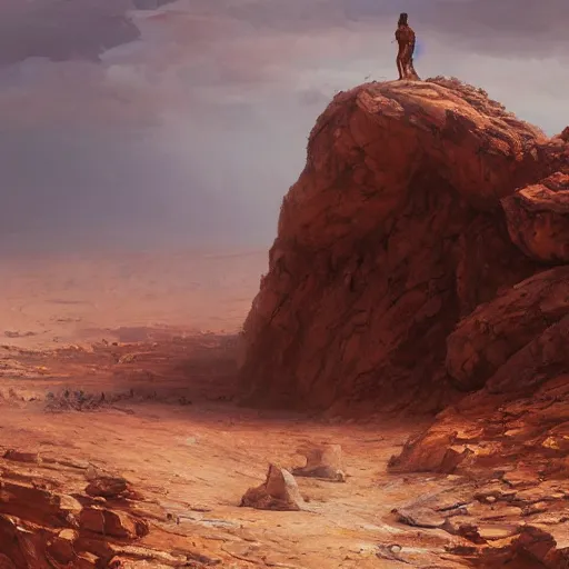 Image similar to Panorama view of a giant stone statue of a warrior emerging from a desert, oil painting, by Greg Rutkowski