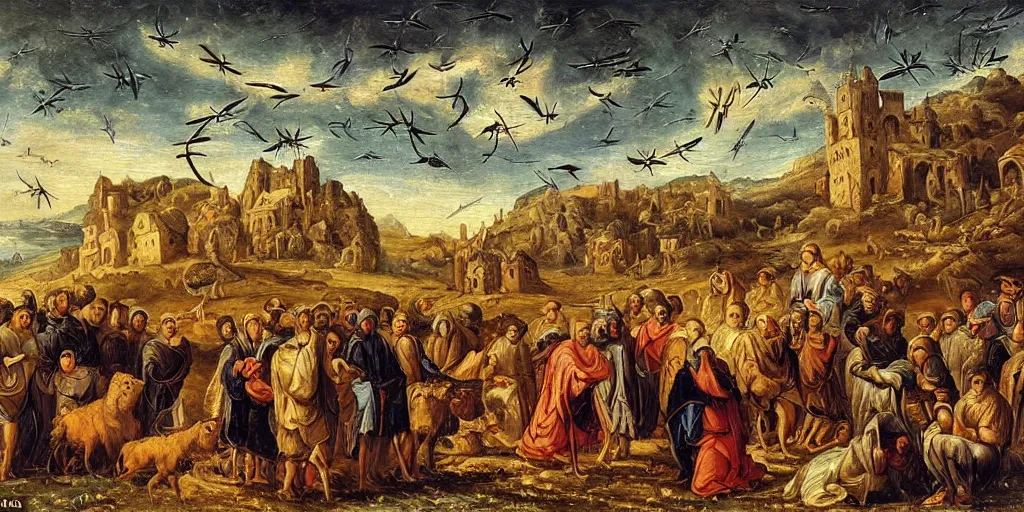 Prompt: A group of Ophanim with thousands of eyes covering their wheels hovers over a group of shepherds in a field, Theophanes, oil painting