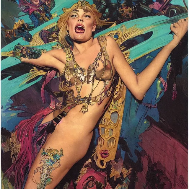 Image similar to an aesthetic!, a detailed portrait of margot robbie dressed as a leather - bound, tattooed, punk - rock princess with a flaming mohawk, by frank frazetta and alphonse mucha, oil on canvas, bright colors, art nouveau, epic composition, dungeons & dragons, fantasy art, concept art, god rays, ray tracing, crisp contour lines, huhd - 8 k