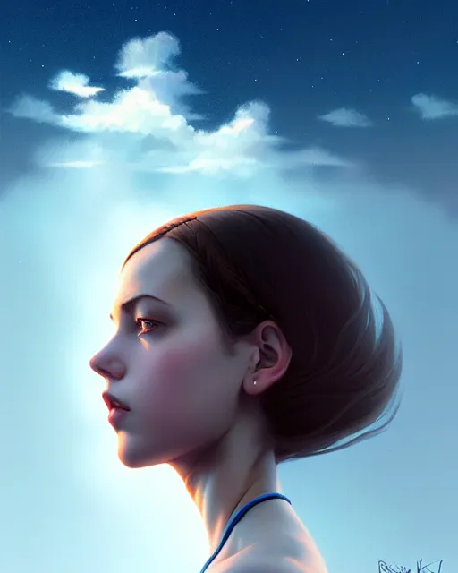 Image similar to girl in sky, floating in the atmosphere, symmetrical face and body, symmetrical composition, dynamic wavy hair, detailed designs, digital painting, 4 k, by ilya kuvshinov, by greg rutkowski, atmospheric lighting