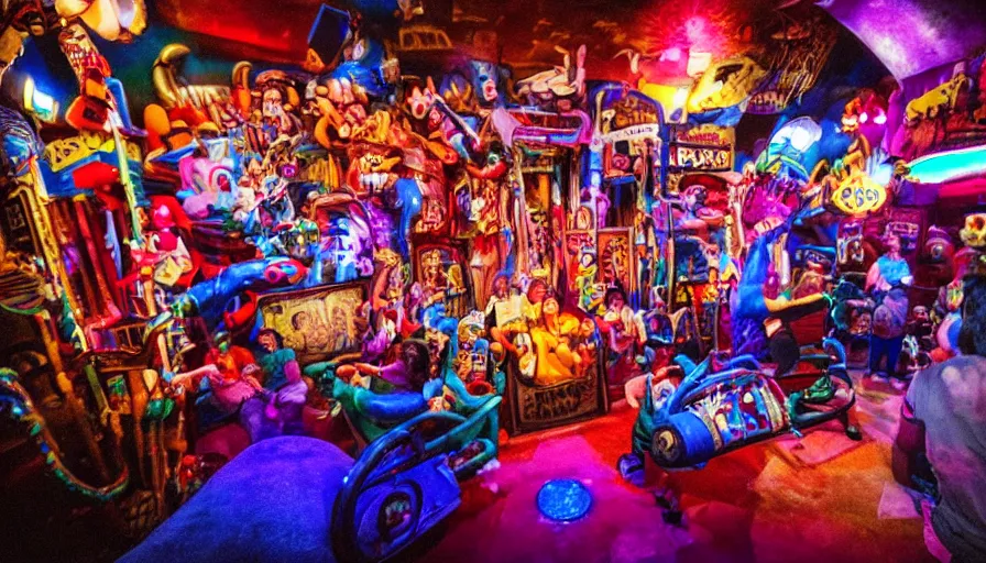 Image similar to 1990s photo of inside the Crazy Joe's Mystery House Show ride at Universal Studios in Orlando, Florida, riding Joe's head through Joe's funny happy world dreams, cool lights, cinematic, UHD