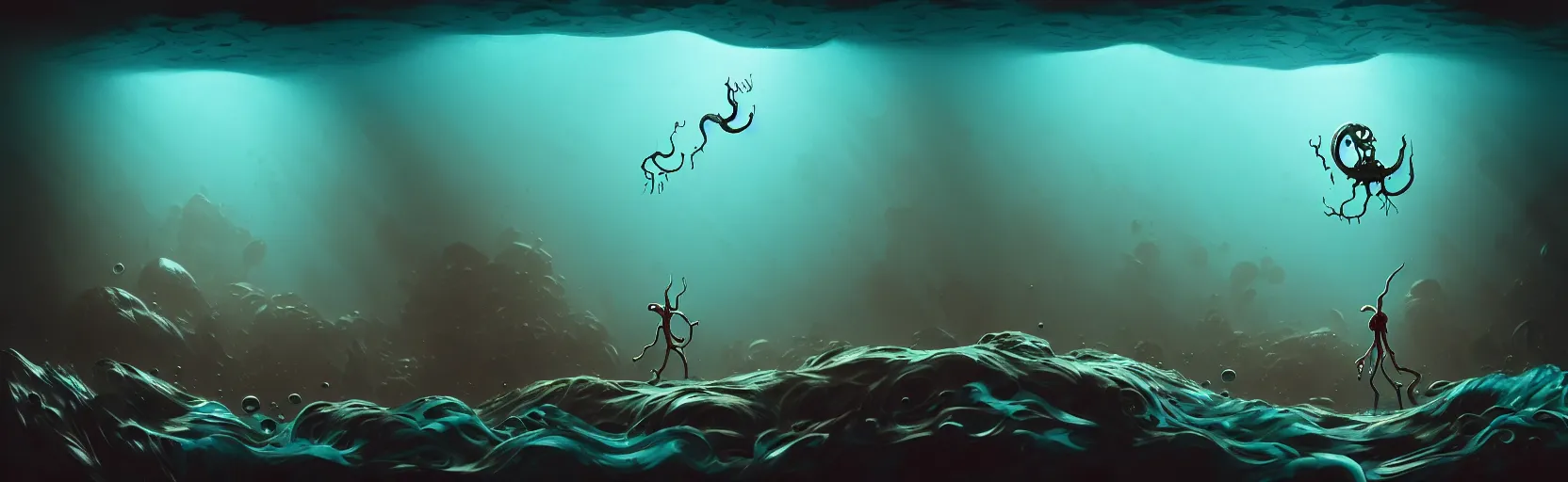 Image similar to wild whimsical watery mutants from the depths of a wasteland deep in the imaginal realm, dramatic lighting, surreal fleischer cartoon characters, shallow dof, surreal painting by ronny khalil