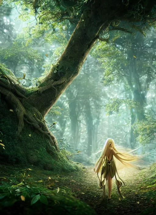 Image similar to magical forest with gold and silver leafs, music, girl with blond long hair back view, elves, lord of the rings style, ultra detailed, trending on artstation, concept art, octane render, unreal engine,